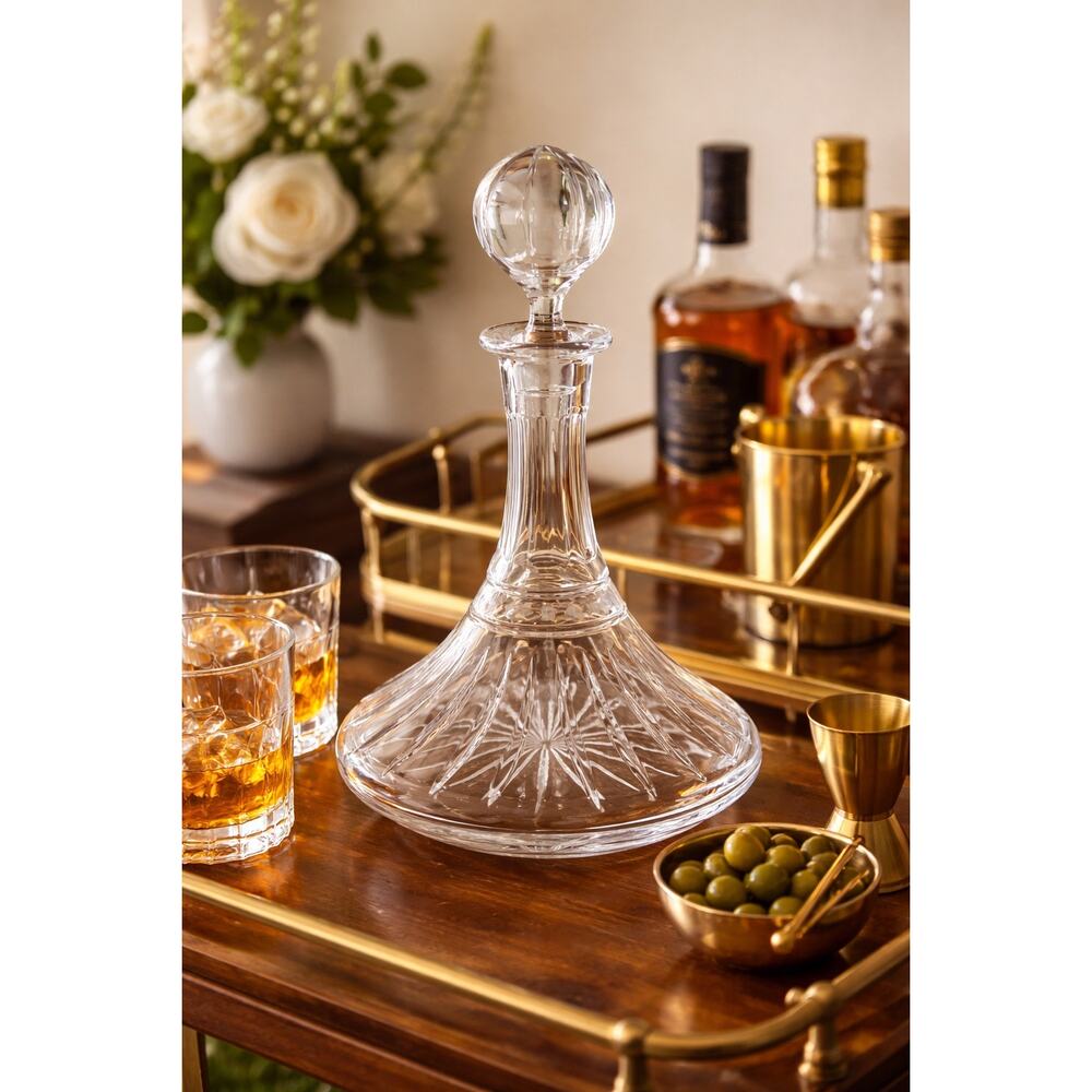Vtg European Cut Crystal Decanter w/ Globe Stopper Mid-Century Barware Elegant - Picture 2 of 12